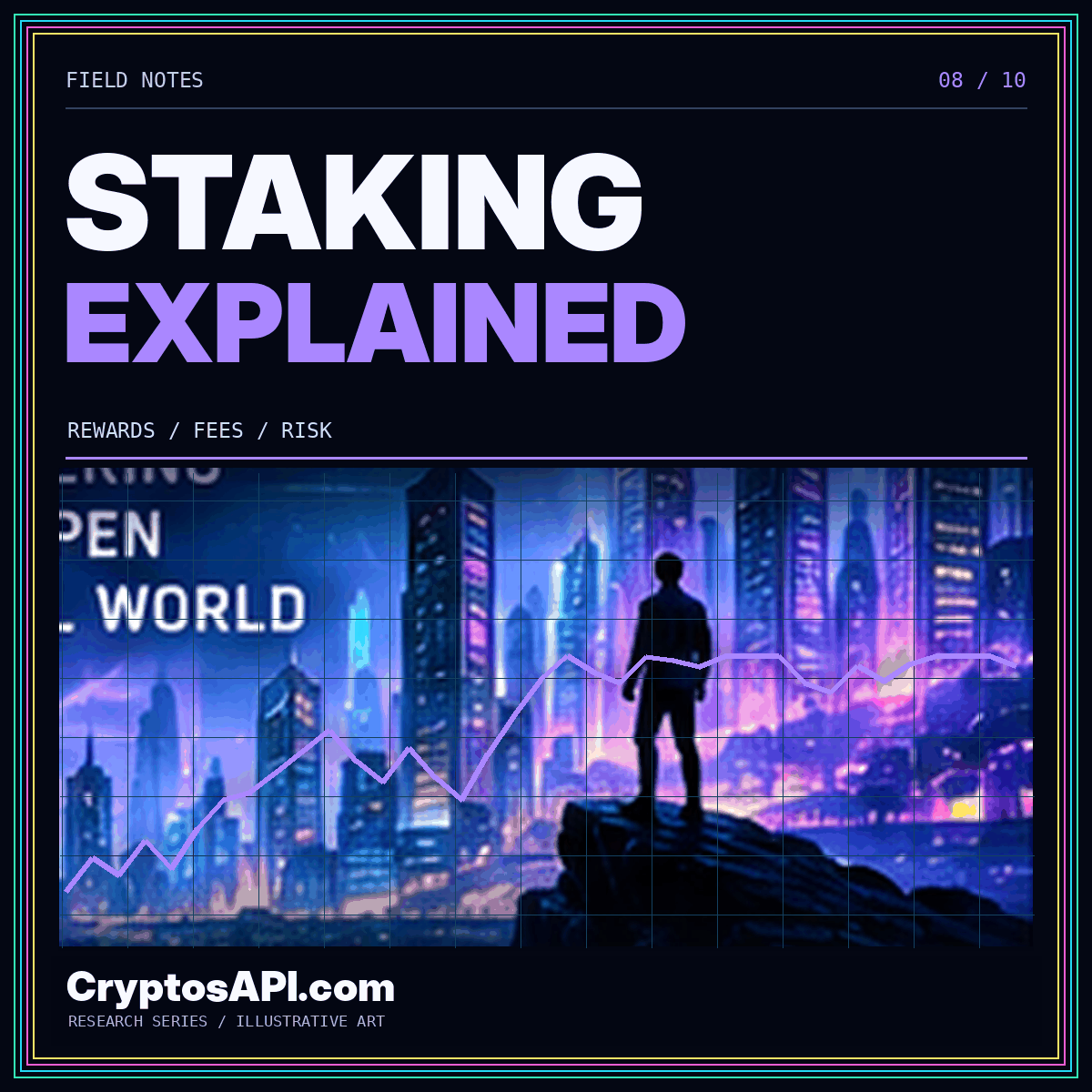 STAKING / EXPLAINED — neon cryptocurrency chart artwork for CryptosAPI.com