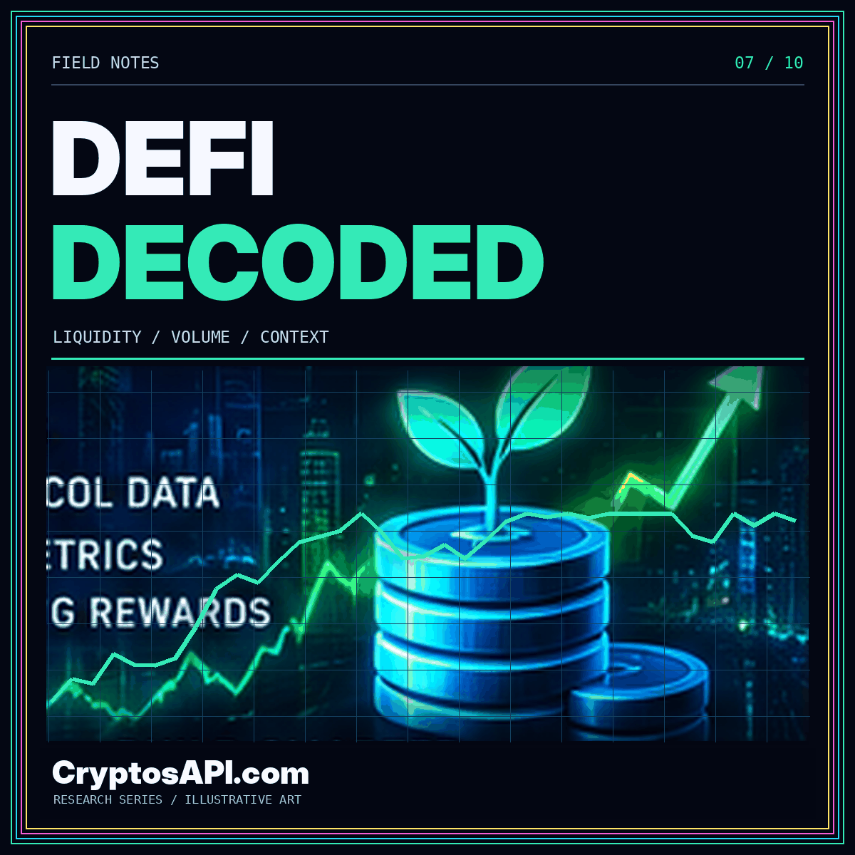 DEFI / DECODED — neon cryptocurrency chart artwork for CryptosAPI.com